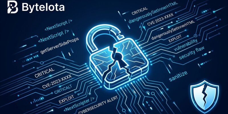 Next.js security vulnerabilities 2026 - broken padlock with CVE labels on dark blue circuit board background