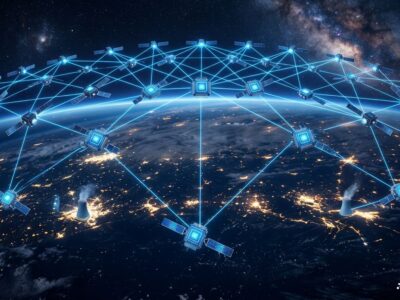 Satellite constellation in orbit with laser links representing Google Project Suncatcher orbital AI data centers