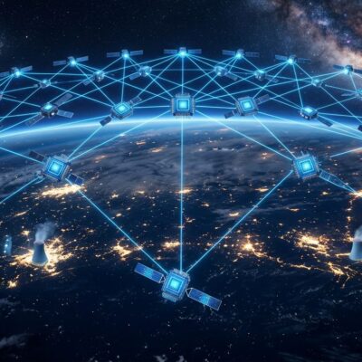 Satellite constellation in orbit with laser links representing Google Project Suncatcher orbital AI data centers