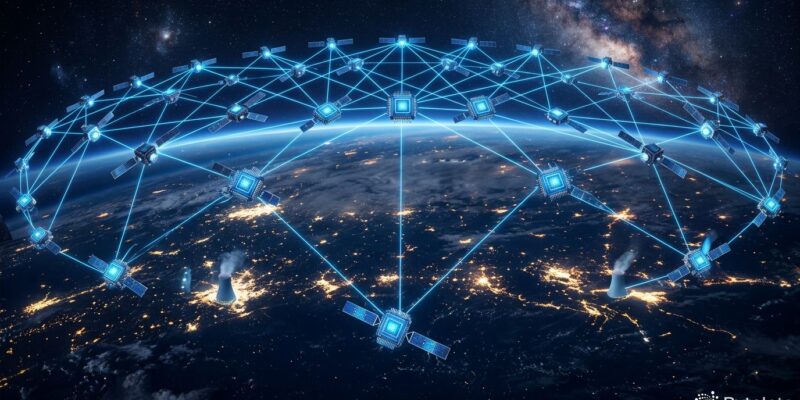 Satellite constellation in orbit with laser links representing Google Project Suncatcher orbital AI data centers