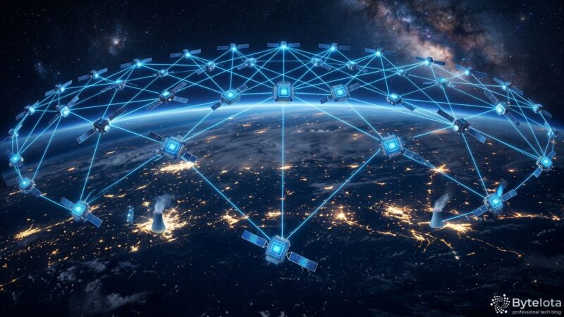 Satellite constellation in orbit with laser links representing Google Project Suncatcher orbital AI data centers