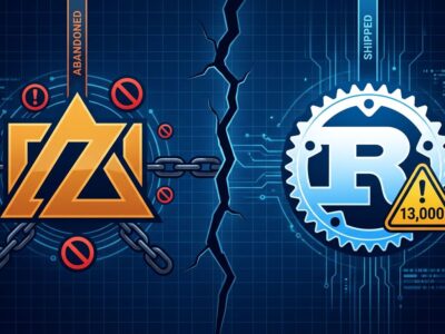 Split-screen illustration showing Zig abandoned and Rust shipped with 13000 unsafe blocks warning badge
