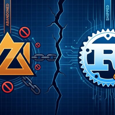 Split-screen illustration showing Zig abandoned and Rust shipped with 13000 unsafe blocks warning badge