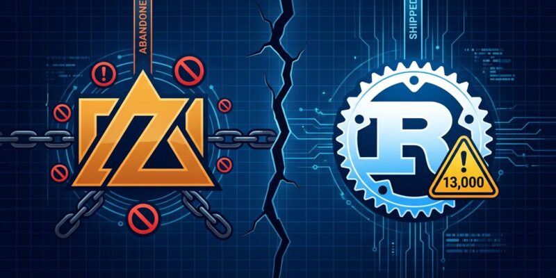Split-screen illustration showing Zig abandoned and Rust shipped with 13000 unsafe blocks warning badge