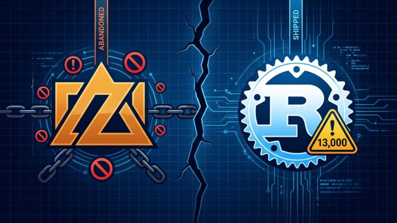 Split-screen illustration showing Zig abandoned and Rust shipped with 13000 unsafe blocks warning badge