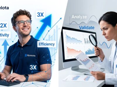 Split concept illustration showing developer claiming 2x AI productivity gains on one side and skeptical researcher examining data charts on the other, representing the METR AI productivity survey findings