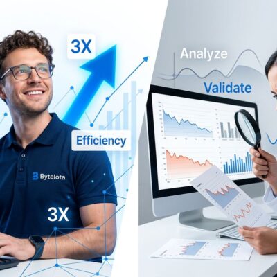 Split concept illustration showing developer claiming 2x AI productivity gains on one side and skeptical researcher examining data charts on the other, representing the METR AI productivity survey findings
