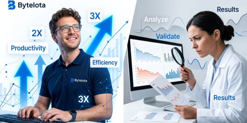 Split concept illustration showing developer claiming 2x AI productivity gains on one side and skeptical researcher examining data charts on the other, representing the METR AI productivity survey findings