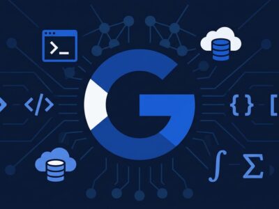 Google I/O 2026 developer event illustration with AI coding tools and neural network nodes on dark navy background