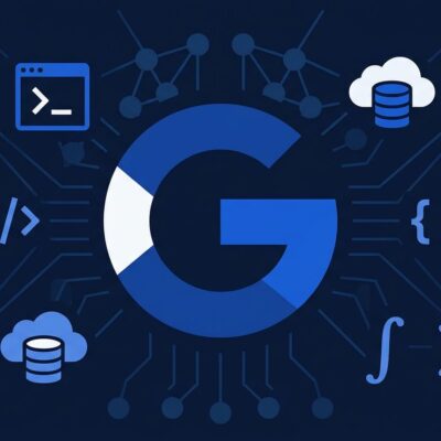 Google I/O 2026 developer event illustration with AI coding tools and neural network nodes on dark navy background