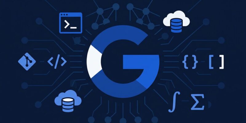 Google I/O 2026 developer event illustration with AI coding tools and neural network nodes on dark navy background