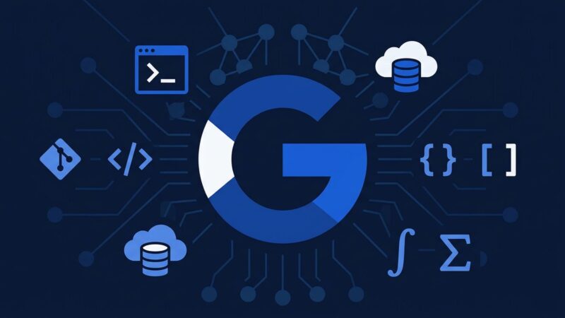 Google I/O 2026 developer event illustration with AI coding tools and neural network nodes on dark navy background