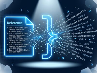 Academic citation document breaking apart into particles representing AI hallucinated references