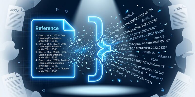 Academic citation document breaking apart into particles representing AI hallucinated references