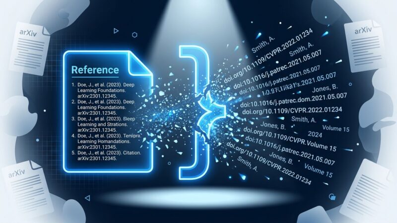 Academic citation document breaking apart into particles representing AI hallucinated references