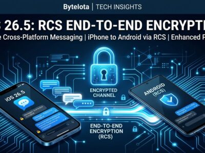 Smartphone with lock icon connecting iPhone and Android via encrypted RCS messaging channel
