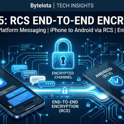 Smartphone with lock icon connecting iPhone and Android via encrypted RCS messaging channel