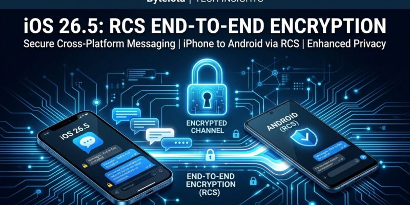Smartphone with lock icon connecting iPhone and Android via encrypted RCS messaging channel