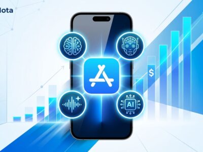 iPhone surrounded by AI agent icons with App Store icon, illustrating Apple's AI agent policy and revenue strategy