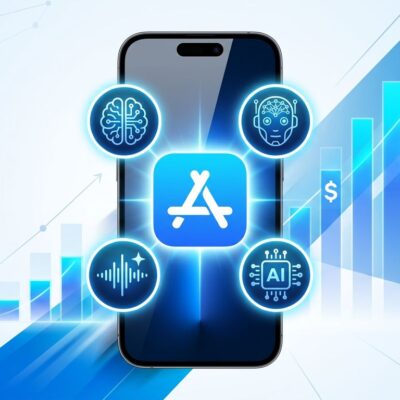 iPhone surrounded by AI agent icons with App Store icon, illustrating Apple's AI agent policy and revenue strategy
