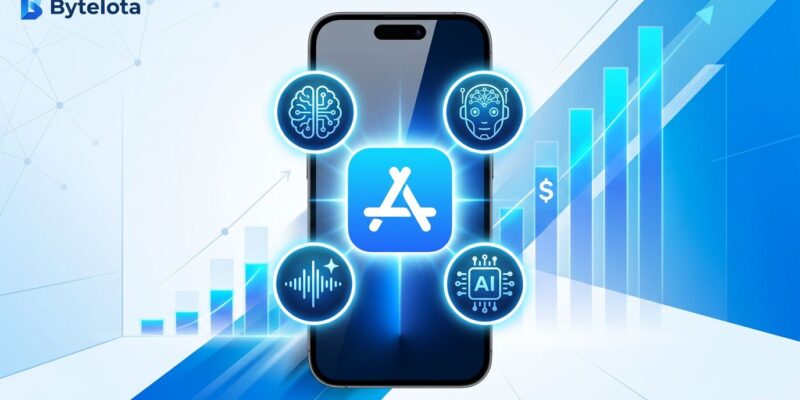iPhone surrounded by AI agent icons with App Store icon, illustrating Apple's AI agent policy and revenue strategy