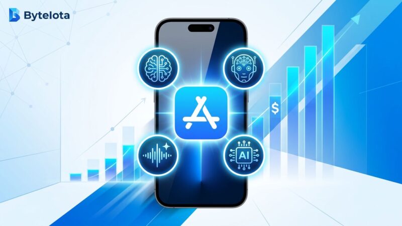 iPhone surrounded by AI agent icons with App Store icon, illustrating Apple's AI agent policy and revenue strategy
