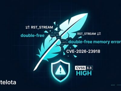 Apache HTTP/2 CVE-2026-23918 double-free vulnerability diagram showing broken feather logo with code fragments RST_STREAM and CVSS 8.8