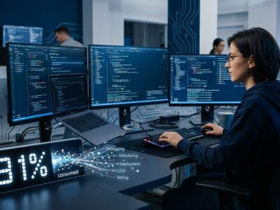 Developer surrounded by AI coding tool dashboards with 31% invisible work tax visualization
