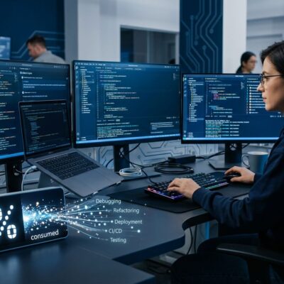 Developer surrounded by AI coding tool dashboards with 31% invisible work tax visualization