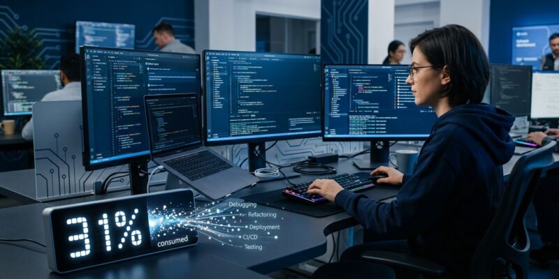 Developer surrounded by AI coding tool dashboards with 31% invisible work tax visualization