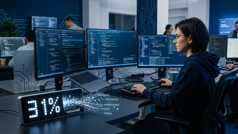 Developer surrounded by AI coding tool dashboards with 31% invisible work tax visualization