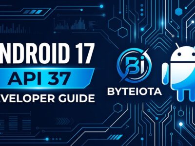 Android 17 API Level 37 breaking changes and new APIs developer guide - circuit board with Android branding in blue and white