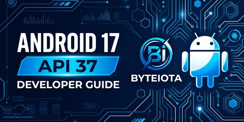 Android 17 API Level 37 breaking changes and new APIs developer guide - circuit board with Android branding in blue and white