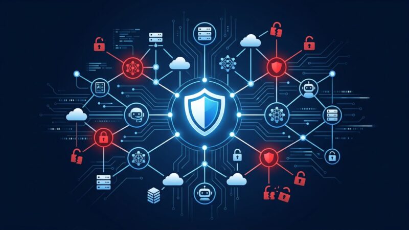 Abstract network diagram showing MCP Model Context Protocol servers with security vulnerabilities highlighted, broken lock icons representing unauthenticated servers