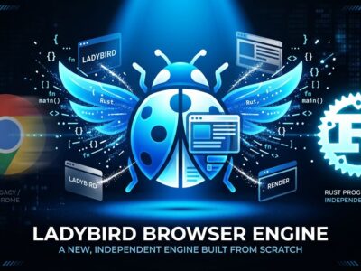 Conceptual illustration of Ladybird browser with ladybird icon transforming into browser windows, Chrome logo fading, and Rust gear glowing