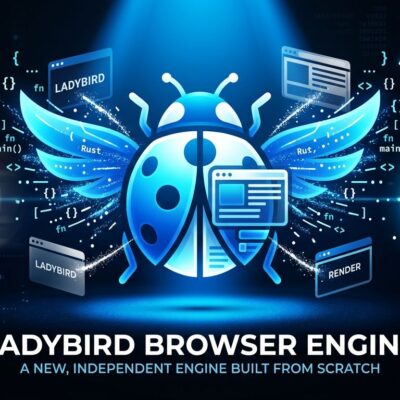 Conceptual illustration of Ladybird browser with ladybird icon transforming into browser windows, Chrome logo fading, and Rust gear glowing