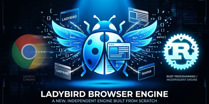 Conceptual illustration of Ladybird browser with ladybird icon transforming into browser windows, Chrome logo fading, and Rust gear glowing
