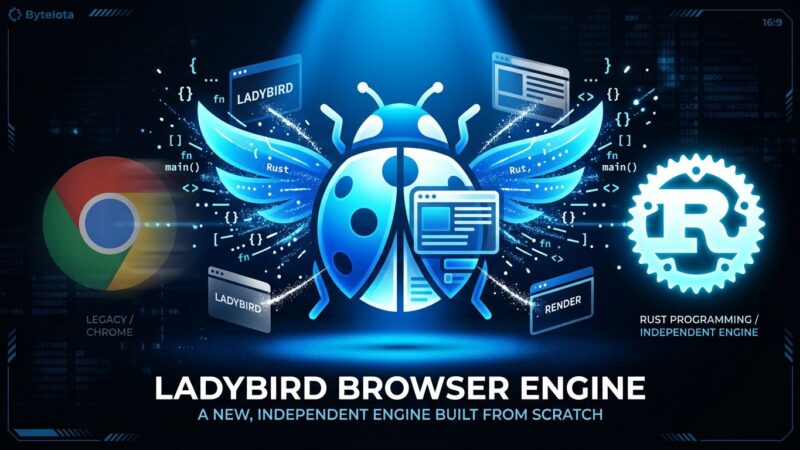 Conceptual illustration of Ladybird browser with ladybird icon transforming into browser windows, Chrome logo fading, and Rust gear glowing