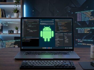 Googlebook laptop running Aluminium OS with Android developer workspace showing Kotlin code and desktop windowing
