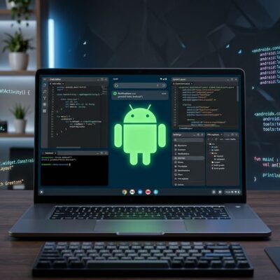 Googlebook laptop running Aluminium OS with Android developer workspace showing Kotlin code and desktop windowing