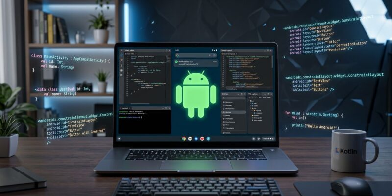 Googlebook laptop running Aluminium OS with Android developer workspace showing Kotlin code and desktop windowing