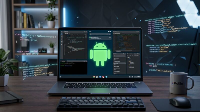 Googlebook laptop running Aluminium OS with Android developer workspace showing Kotlin code and desktop windowing