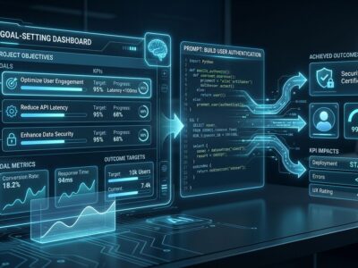 Futuristic AI coding agent workspace dashboard showing goal-setting interface with blue and white ByteIota brand colors, representing Google Project Jitro Jules V2 goal-driven development