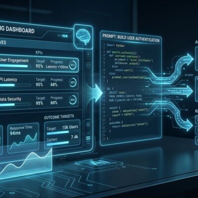 Futuristic AI coding agent workspace dashboard showing goal-setting interface with blue and white ByteIota brand colors, representing Google Project Jitro Jules V2 goal-driven development