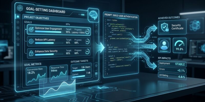 Futuristic AI coding agent workspace dashboard showing goal-setting interface with blue and white ByteIota brand colors, representing Google Project Jitro Jules V2 goal-driven development