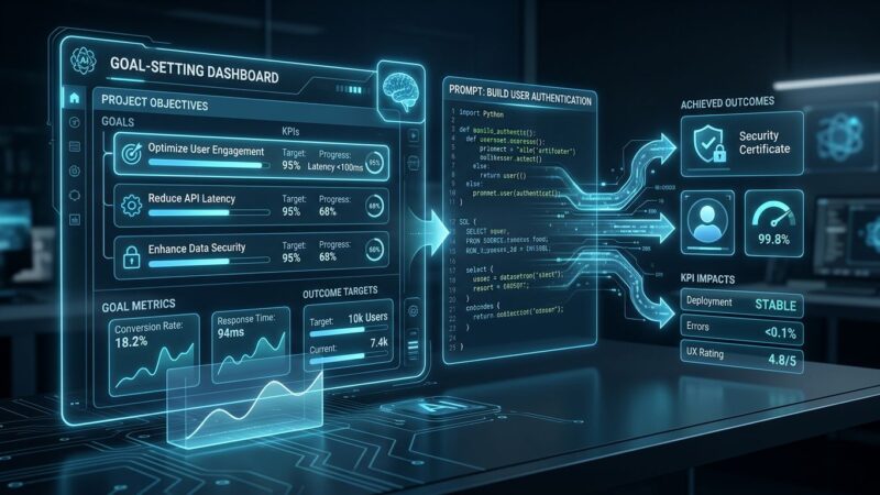 Futuristic AI coding agent workspace dashboard showing goal-setting interface with blue and white ByteIota brand colors, representing Google Project Jitro Jules V2 goal-driven development