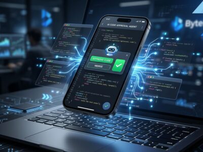 Smartphone displaying AI coding agent interface connected to laptop via glowing blue lines, representing OpenAI Codex mobile remote control for developers