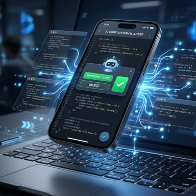 Smartphone displaying AI coding agent interface connected to laptop via glowing blue lines, representing OpenAI Codex mobile remote control for developers