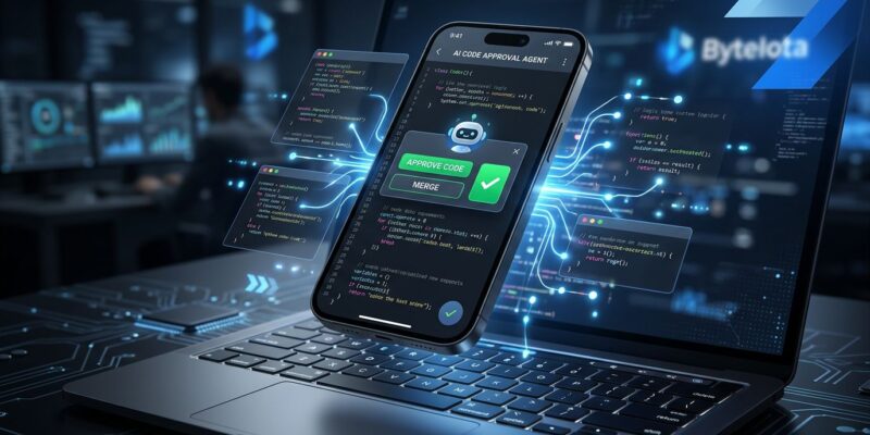 Smartphone displaying AI coding agent interface connected to laptop via glowing blue lines, representing OpenAI Codex mobile remote control for developers