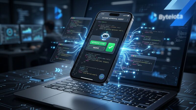 Smartphone displaying AI coding agent interface connected to laptop via glowing blue lines, representing OpenAI Codex mobile remote control for developers